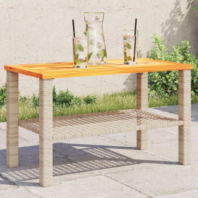 Berkfield Home Garden Table Beige 70x38x42 cm Poly Rattan Acacia Wood - Size: 70 x 38 x 42 cm - image 1
