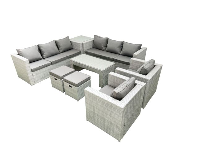 Fimous Outdoor Garden Furniture Rattan Sofa Set with 2 Armchairs Oblong Coffee Table 2 Small Footstools Side Table Light Grey Mixed - image 1