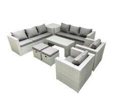 Fimous Outdoor Garden Furniture Rattan Sofa Set with 2 Armchairs Oblong Coffee Table 2 Small Footstools Side Table Light Grey Mixed - thumbnail 1