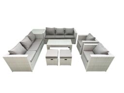Fimous Outdoor Garden Furniture Rattan Sofa Set with 2 Armchairs Oblong Coffee Table 2 Small Footstools Side Table Light Grey Mixed - thumbnail 2