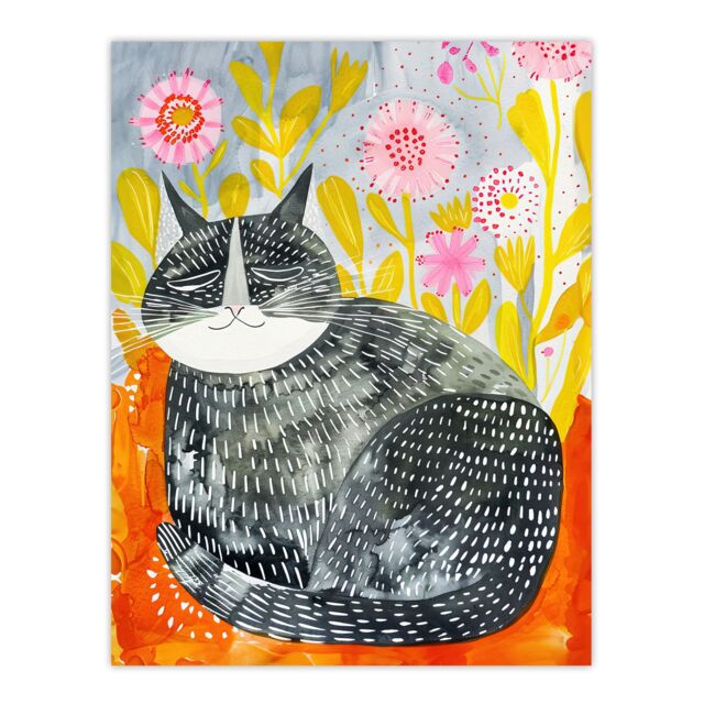 "Artery8 Happy Maine Coon with Flowers Cat Lover Folk Art Wall Art Print - Size: W12"" x H16""" - image 1