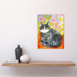 "Artery8 Happy Maine Coon with Flowers Cat Lover Folk Art Wall Art Print - Size: W12"" x H16""" - thumbnail 4