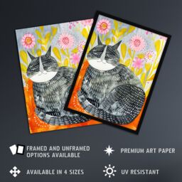 "Artery8 Happy Maine Coon with Flowers Cat Lover Folk Art Wall Art Print - Size: W12"" x H16""" - thumbnail 2