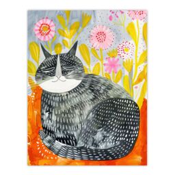 "Artery8 Happy Maine Coon with Flowers Cat Lover Folk Art Wall Art Print - Size: W12"" x H16""" - thumbnail 1