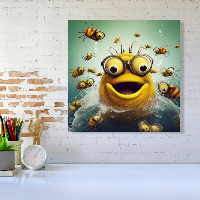 "Warren Reed - Designer Happy Worm & Bees Splashart Canvas in Yellow - Size: W16"" x H16""" - image 1