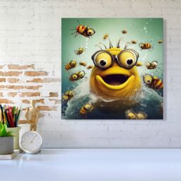 "Warren Reed - Designer Happy Worm & Bees Splashart Canvas in Yellow - Size: W16"" x H16""" - thumbnail 1