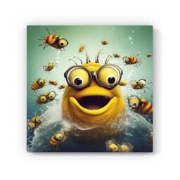 "Warren Reed - Designer Happy Worm & Bees Splashart Canvas in Yellow - Size: W16"" x H16""" - thumbnail 2
