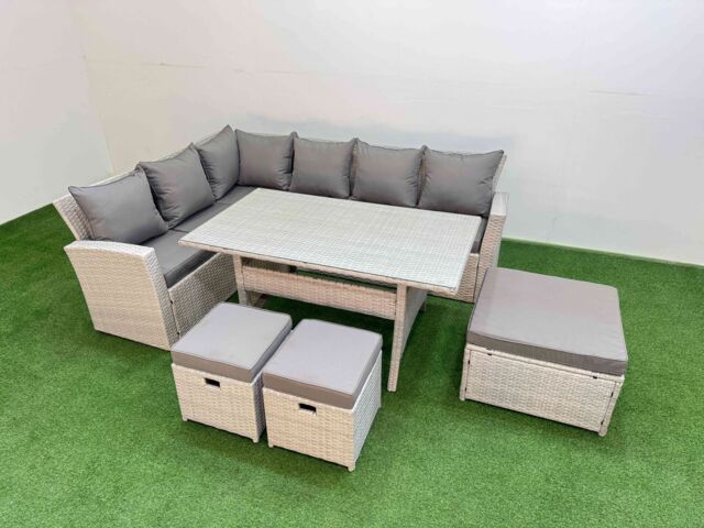 Fimous 9 Seater Rattan Garden Furniture Set with Dining Table 3 Footstools in Light Grey - image 1