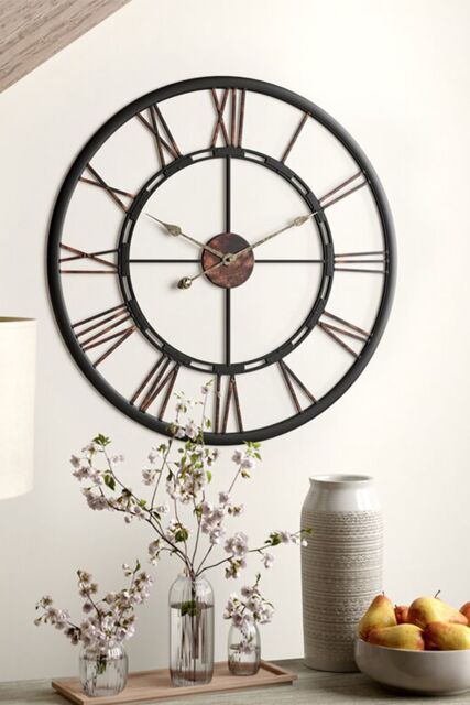 Living and Home 60cm Dia Black Skeleton Roman Numeral Wall Clock