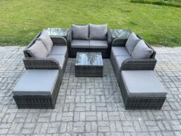 Fimous 8 Seater Outdoor Garden Furniture Sets Wicker Rattan Furniture Sofa Sets with Square Coffee Table Love seat Sofa 2 Big Footstool in Dark Grey - thumbnail 1