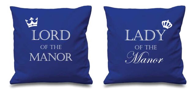 "60 SECOND MAKEOVER Lord Of The Manor Lady Of The Manor Blue Cushion Covers 16"" x 16"" Couples Cushions Valentines Anniversary Boyfriend"