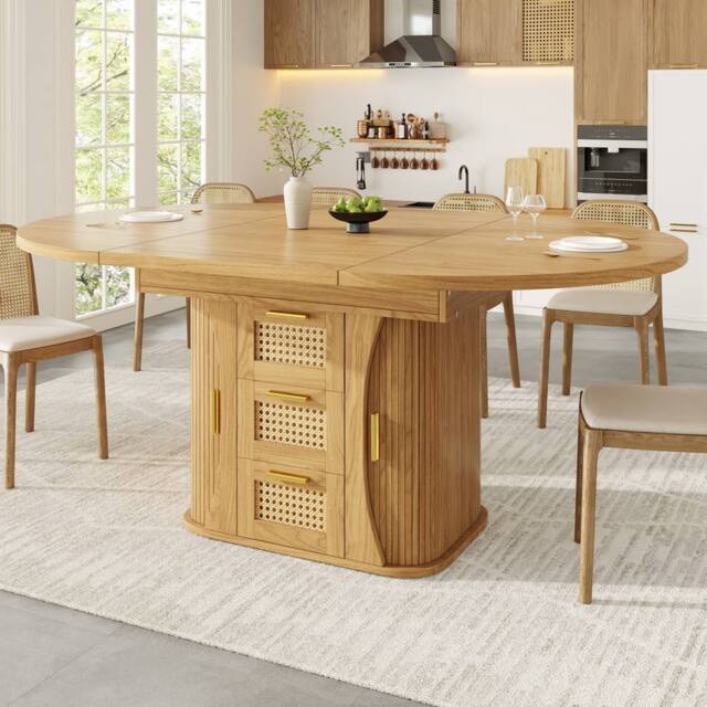 Merax Extendable Round To Oval Wooden Dining Table with 2 Rattan Drawers in Natural - image 1