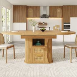 Merax Extendable Round To Oval Wooden Dining Table with 2 Rattan Drawers in Natural - thumbnail 3