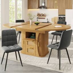 Merax Extendable Round To Oval Wooden Dining Table with 2 Rattan Drawers in Natural - thumbnail 2