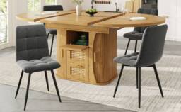 Merax Extendable Round To Oval Wooden Dining Table with 2 Rattan Drawers in Natural - thumbnail 4