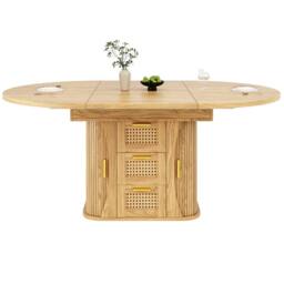 Merax Extendable Round To Oval Wooden Dining Table with 2 Rattan Drawers in Natural - thumbnail 9