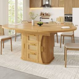 Merax Extendable Round To Oval Wooden Dining Table with 2 Rattan Drawers in Natural - thumbnail 1
