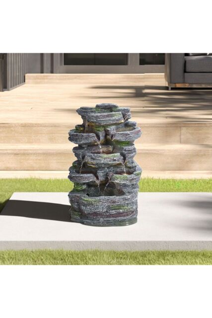 Living and Home Faux Rockery Garden Solar-Powered Water Fountain with Lights in Grey - image 1