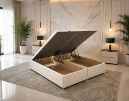 SOFT SNOOZE BEDS Panel Divan Ottoman Upholstered Storage Bed in Beige - Size: King - thumbnail 3