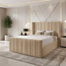 SOFT SNOOZE BEDS Panel Divan Ottoman Upholstered Storage Bed in Beige - Size: King