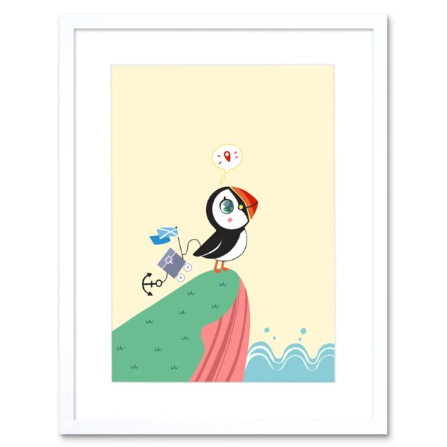 "Artery8 Wall Art Print Puffins Travel Voyage Art Framed 9x7 inch in White - Size: W7"" x H9""" - image 1