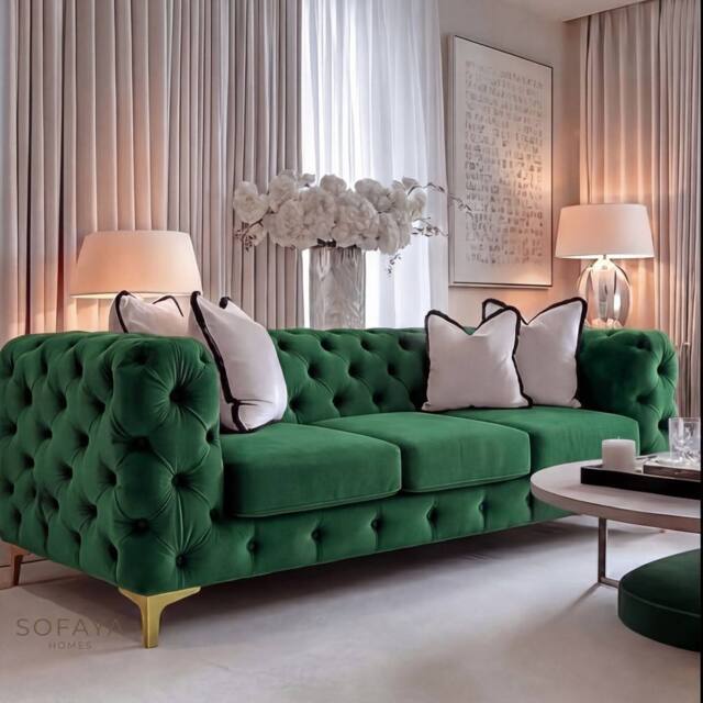 Sofaya Monaco Chesterfield Velvet Cushions Sofa Set 3+2 Seater Couch in Green - Size: 4 Person - image 1