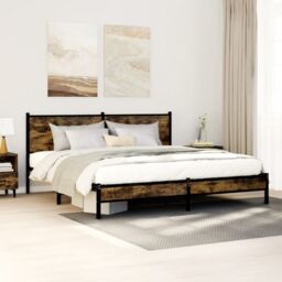 Berkfield Home Metal Bed Frame without Mattress Smoked Oak 160x200 cm in Brown - thumbnail 1