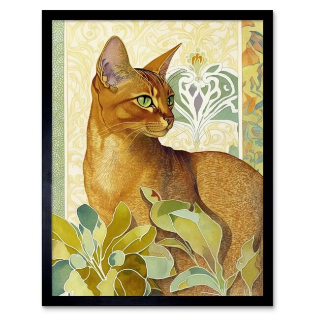 "Artery8 Wall Art Print Abyssinian Cat with Plants Art Nouveau Bright Modern Watercolour Art Framed in Black - Size: W12"" x H16""" - image 1