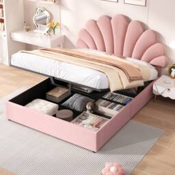 Matteo Double Upholstered Hydraulic Bed Frame - Pink Velvet Petal Headboard - thumbnail 3