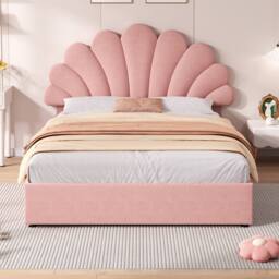 Matteo Double Upholstered Hydraulic Bed Frame - Pink Velvet Petal Headboard - thumbnail 2