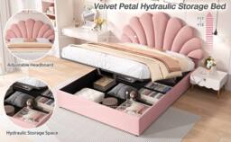 Matteo Double Upholstered Hydraulic Bed Frame - Pink Velvet Petal Headboard - thumbnail 9