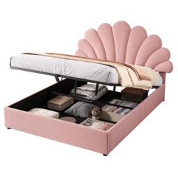 Matteo Double Upholstered Hydraulic Bed Frame - Pink Velvet Petal Headboard - thumbnail 8