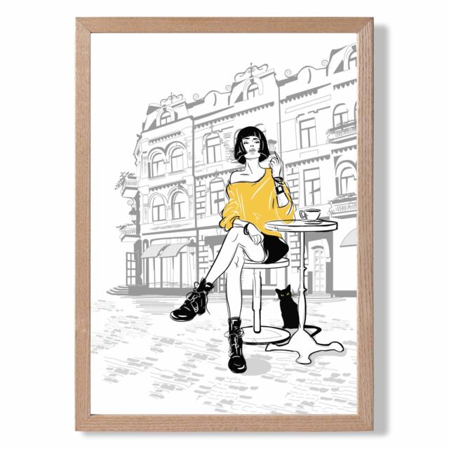 ARTZE Paris Caf√© with Cat Style & Fashion Sketch Framed Print SIZE: A2 with Oak Frame in Yellow - Size: A4 - image 1