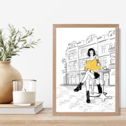 ARTZE Paris Caf√© with Cat Style & Fashion Sketch Framed Print SIZE: A2 with Oak Frame in Yellow - Size: A4 - thumbnail 2