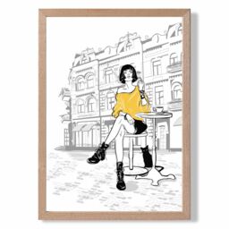 ARTZE Paris Caf√© with Cat Style & Fashion Sketch Framed Print SIZE: A2 with Oak Frame in Yellow - Size: A4