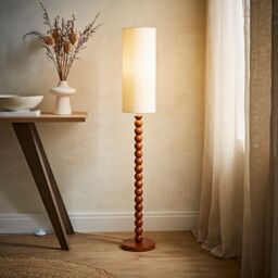 ValueLights Wyatt Natural Linen Tall Lamp Shade Walnut Wood Bobbin Floor Lamp with LED Bulb