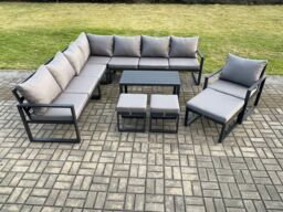 Fimous Aluminium Outdoor Garden Furniture Set Lounge Corner Sofa Oblong Coffee Table Chair Sets with 3 Footstools Dark Grey - thumbnail 1