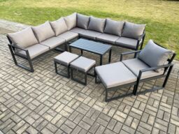 Fimous Aluminium Outdoor Garden Furniture Set Lounge Corner Sofa Oblong Coffee Table Chair Sets with 3 Footstools Dark Grey - thumbnail 2