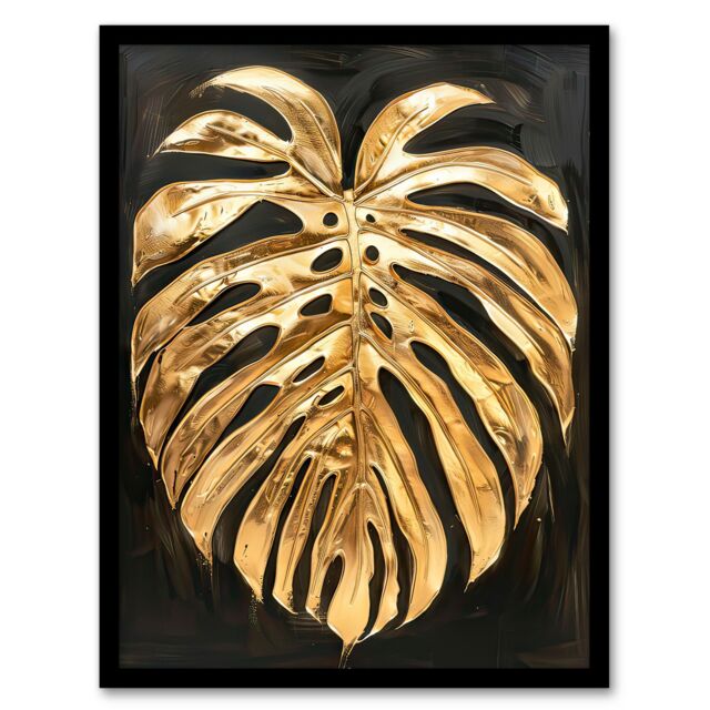 Artery8 Plant Lover Golden Monstera Leaf Dark Painting Framed Art Print in Gold - Size: A4 - image 1