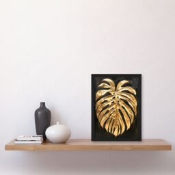 Artery8 Plant Lover Golden Monstera Leaf Dark Painting Framed Art Print in Gold - Size: A4 - thumbnail 4