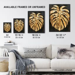 Artery8 Plant Lover Golden Monstera Leaf Dark Painting Framed Art Print in Gold - Size: A4 - thumbnail 3