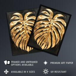Artery8 Plant Lover Golden Monstera Leaf Dark Painting Framed Art Print in Gold - Size: A4 - thumbnail 2