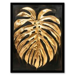 Artery8 Plant Lover Golden Monstera Leaf Dark Painting Framed Art Print in Gold - Size: A4 - thumbnail 1