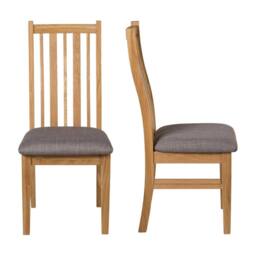 Nordara 2 Solid Oak Wooden Dining Chair, Light Grey Fabric Seat Kitchen Chairs in Brown