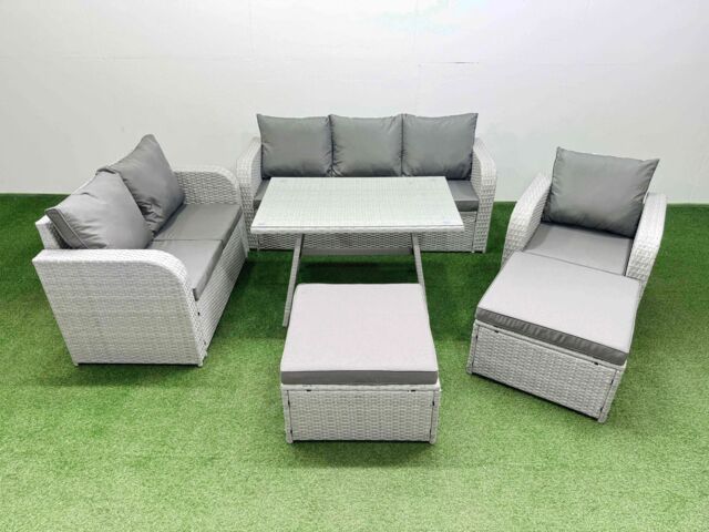 Fimous Patio Dining Table & Chairs Set with Reclining Chair 2 Big Stool in Light Grey - image 1