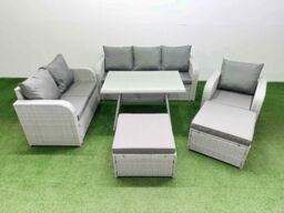 Fimous Patio Dining Table & Chairs Set with Reclining Chair 2 Big Stool in Light Grey - thumbnail 2