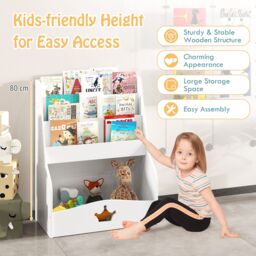 Costway Kids Bookshelf Montessori Bookshelf w/3 Shelves & Open Compartment in White - thumbnail 3