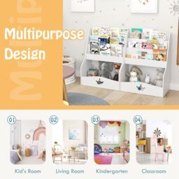 Costway Kids Bookshelf Montessori Bookshelf w/3 Shelves & Open Compartment in White - thumbnail 5