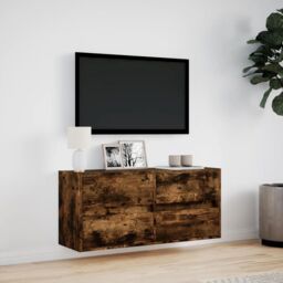 Berkfield Home TV Wall Cabinet with LED Lights Smoked Oak 100x31x45 cm in Brown - Size: 100 x 31 x 45 cm - thumbnail 4