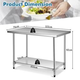 Costway 122 x 76 cm Stainless Steel Kitchen Prep Table Rolling Work Table Commercial Catering Table in Silver - thumbnail 2